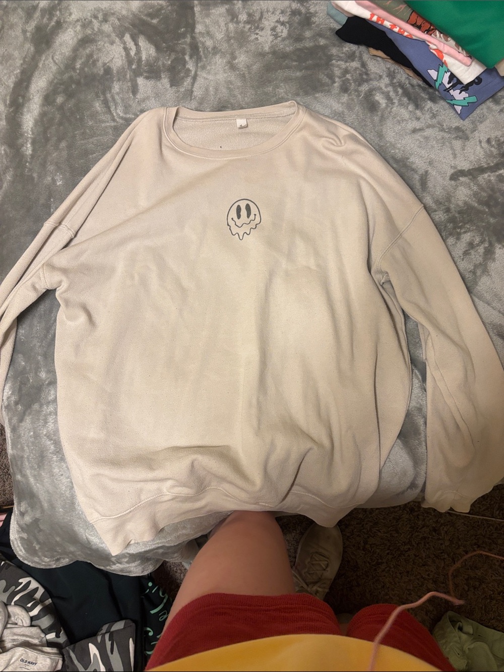 Bella Canvas Beige Crewneck Sweatshirt with Drip Smiley Graphic